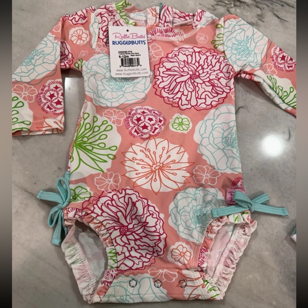 Ruffle Butts Floral Kids Swim Rashguard - Pink and Green